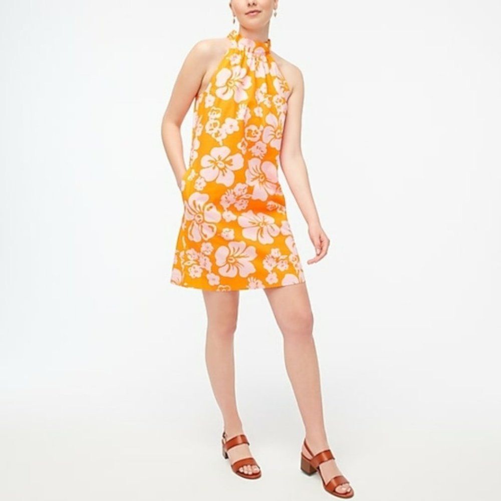 J. Crew Orange and White Floral Tie-Neck Cotton Mini Shift Dress